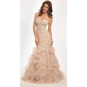 Jovani Strapless Trumpet Embroidered Corset‎ Prom Dress Gown Light Cafe Size 16